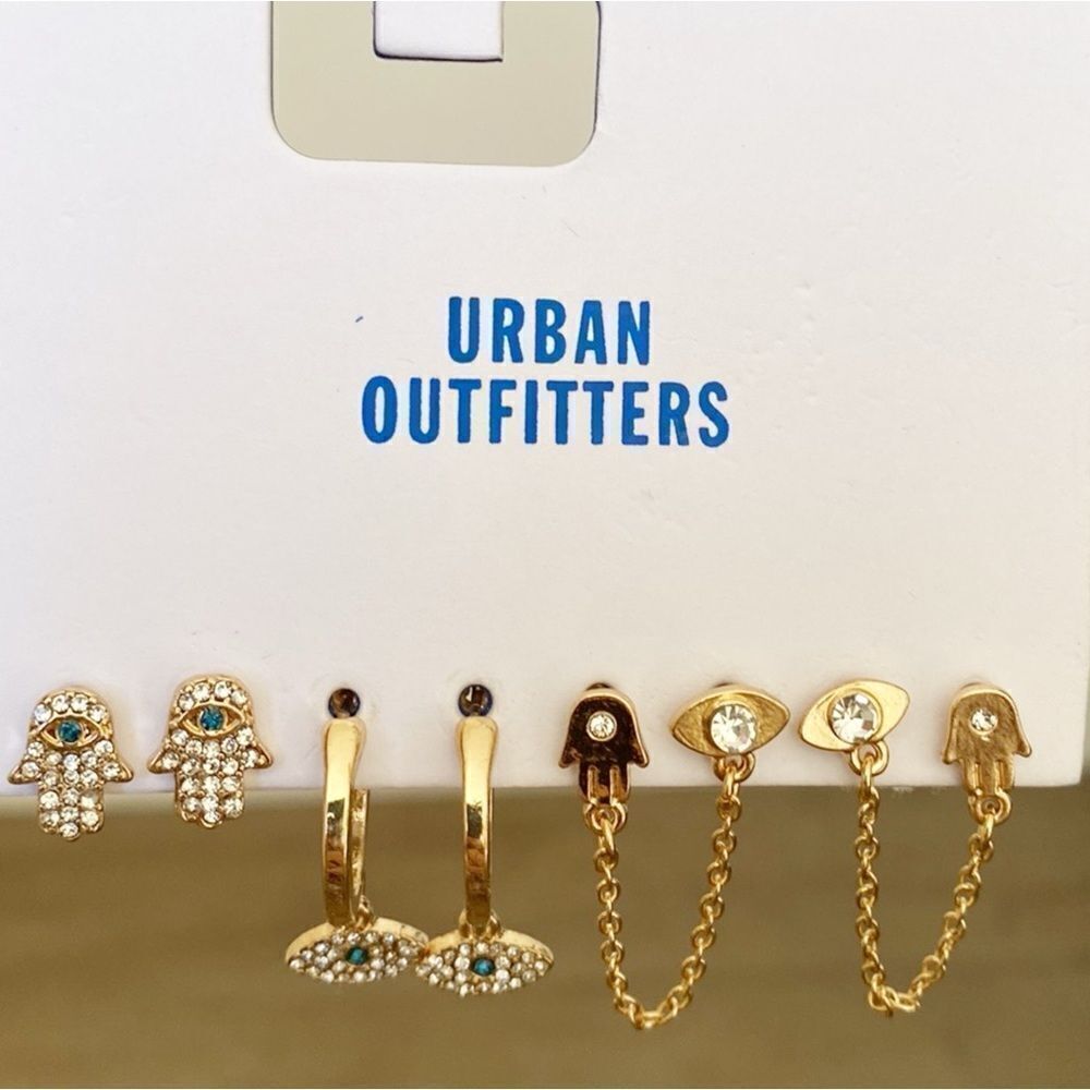 Urban Outfitters Rhinestone Hamsa & Evil Eye Gold Plated Set of Earrings